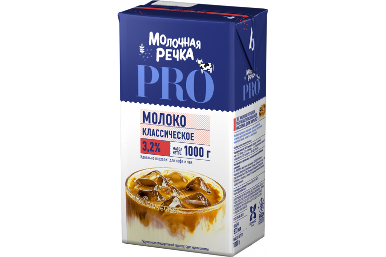 МОЛОКО 3,2% ультрапастеризованное 1л МОЛОЧНАЯ РЕЧКА (0°С) М 1/12